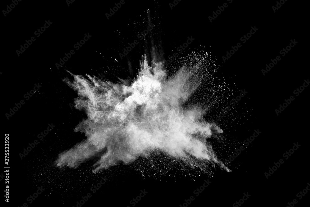 Fototapeta premium White powder explosion on black background. Colored cloud. Colorful dust explode. Paint Holi.