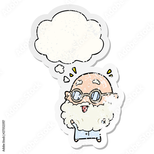 cartoon surprised old man and thought bubble as a distressed worn sticker