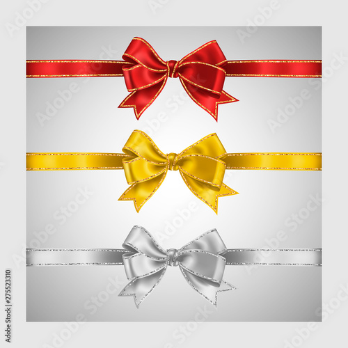Set of three realistic white, yellow and red silk ribbon bow with gold and silver glitter shiny stripes, vector illustration for decoration, promotion, advetrisment, sale or celebration banner or card