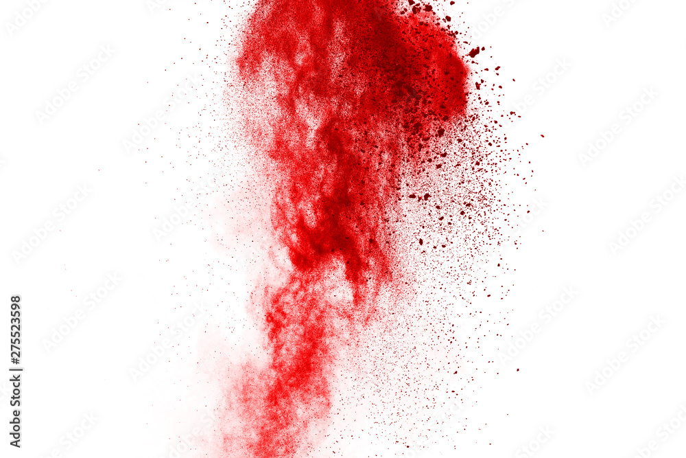 Freeze motion of red powder exploding, isolated on white background. Abstract design of red dust cloud. Particles explosion screen saver, wallpaper Freeze motion of red powder exploding, isolated on white background. Abstract design of red dust cloud. Particles explosion screen saver, wallpaper