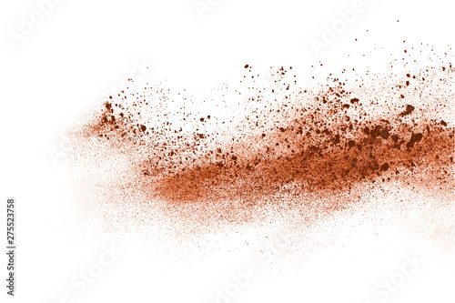 Brown color powder explosion on white background. Colored cloud. Colorful dust explode. Paint Holi. © kitsana