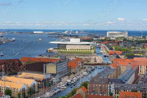 Aerial view on the city, neo-futurism Copenhagen Opera House, Copenhagen, Denmark