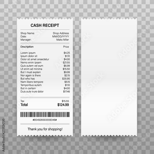 Receipts vector illustration of realistic payment paper bills for cash or credit card transaction. Vector stock illustration. photo