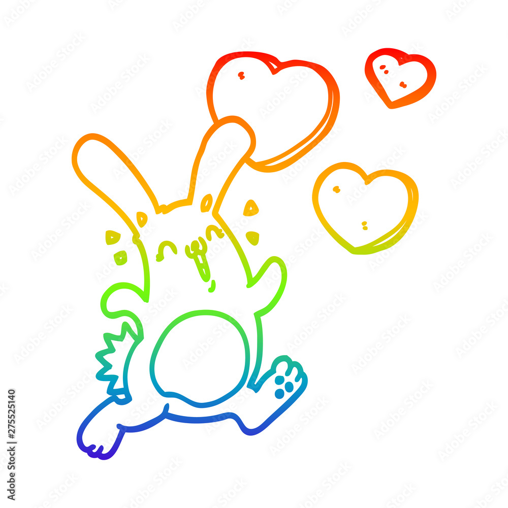 rainbow gradient line drawing cartoon rabbit in love