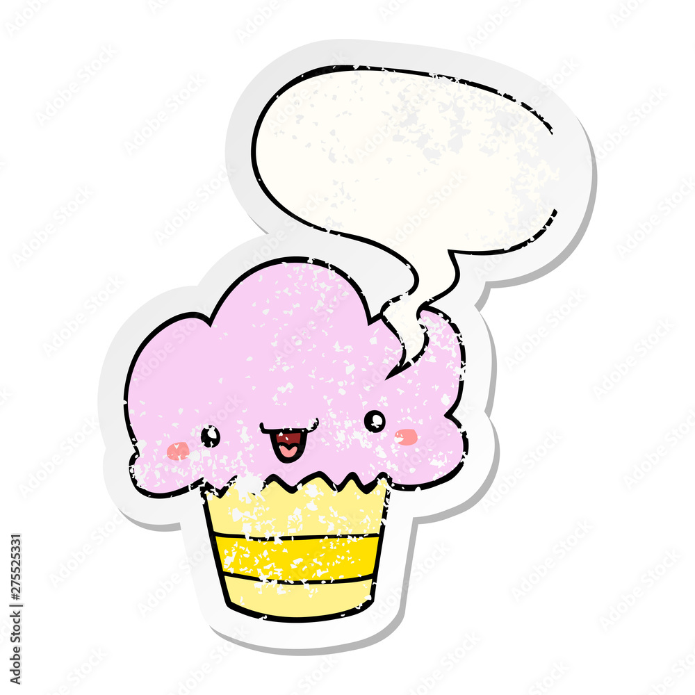 cartoon cupcake and face and speech bubble distressed sticker cartoon cupcake and face and speech bubble distressed sticker
