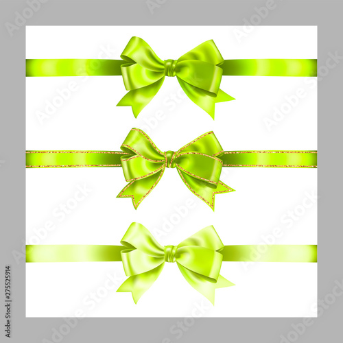 Set of three realistic light green silk ribbon bow with gold glitter shiny stripes, vector illustration elements isolated on white, for decoration, promotion, advetrisment, sale or celebration