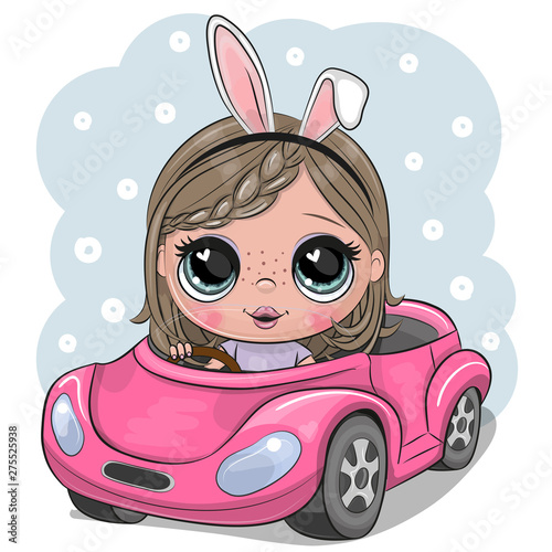 Cartoon Girl with rabbit ears goes on a pink car