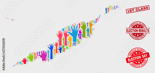 Election Anguilla Islands map and watermarks. Red rectangle 1St Class scratched watermark. Colorful Anguilla Islands map mosaic of raised referendum hands. Vector collage for election day,