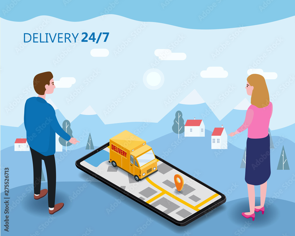 Online Delivery Concept and Shopping Online. Smartphone with buyer man woman moped, truck, drone, buyer Online Delivery Concept and Shopping Online. Smartphone with buyer man woman moped, truck, drone, buyer