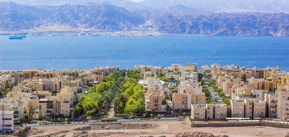 aerial photography of Eilat Israeli city street with living district of cottages and villas near Gulf of Aqaba Red sea bay place beautiful summer vacation destination point 