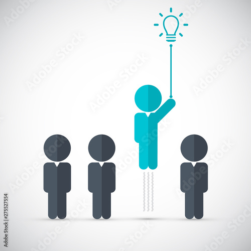 Think differently - Being different, move for success in life - flying out from the crowd by light bulb of idea 