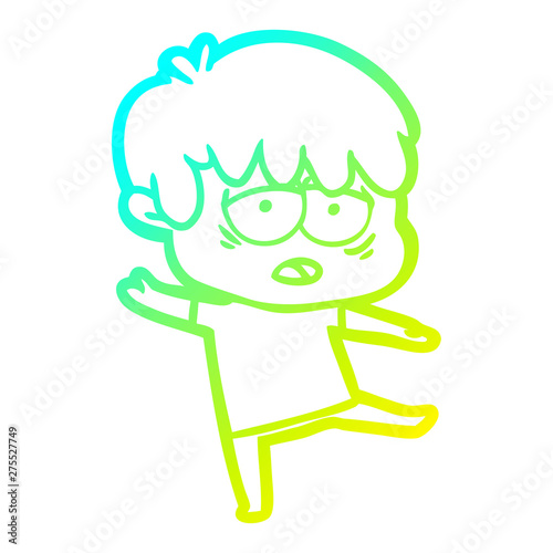 cold gradient line drawing cartoon exhausted boy
