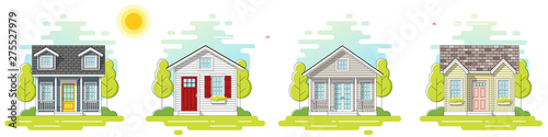 Set of small houses and beautiful rural landscape day scene background in flat line art style , vector , illustration