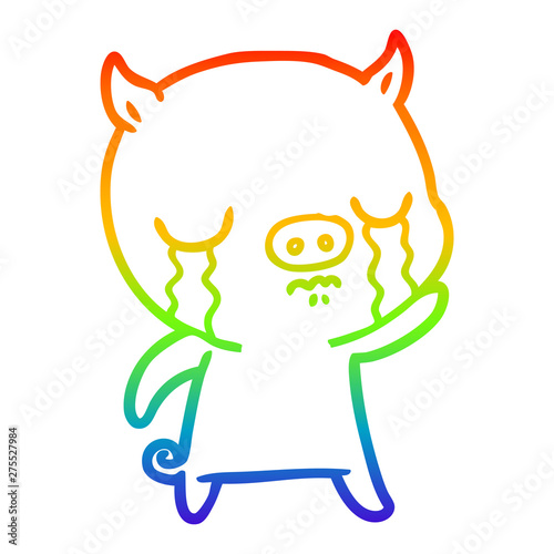 rainbow gradient line drawing cartoon pig crying waving goodbye