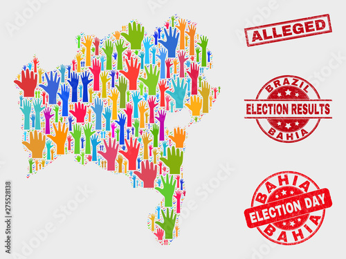 Election Bahia State map and watermarks. Red rectangle Alleged grunge stamp. Colored Bahia State map mosaic of raised up like arms. Vector composition for election day, and referendum results.
