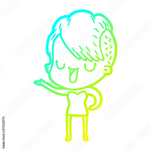 cold gradient line drawing cute cartoon girl with hipster haircut