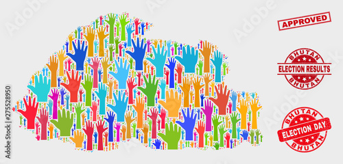 Political Bhutan map and watermarks. Red rectangle Approved textured seal. Bright Bhutan map mosaic of raised election hands. Vector combination for election day, and referendum results.
