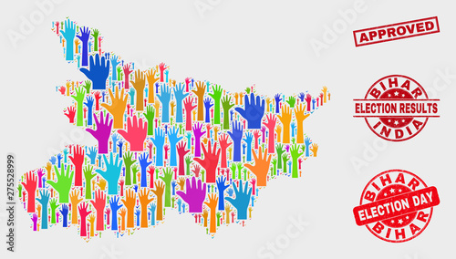 Vote Bihar State map and seal stamps. Red rectangular Approved scratched seal stamp. Colorful Bihar State map mosaic of raised up help hands. Vector combination for election day, and ballot results.