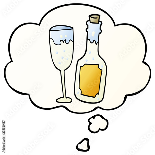 cartoon champagne bottle and glass and thought bubble in smooth gradient style