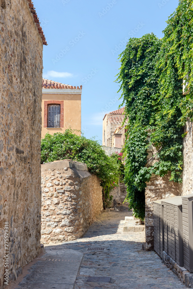 View of street fortified town Monemvasia (Laconia, Greece, Peloponnese)