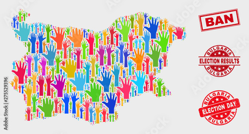 Democracy Bulgaria map and stamps. Red rectangular Ban distress seal stamp. Colored Bulgaria map mosaic of upwards election hands. Vector composition for election day, and referendum results.