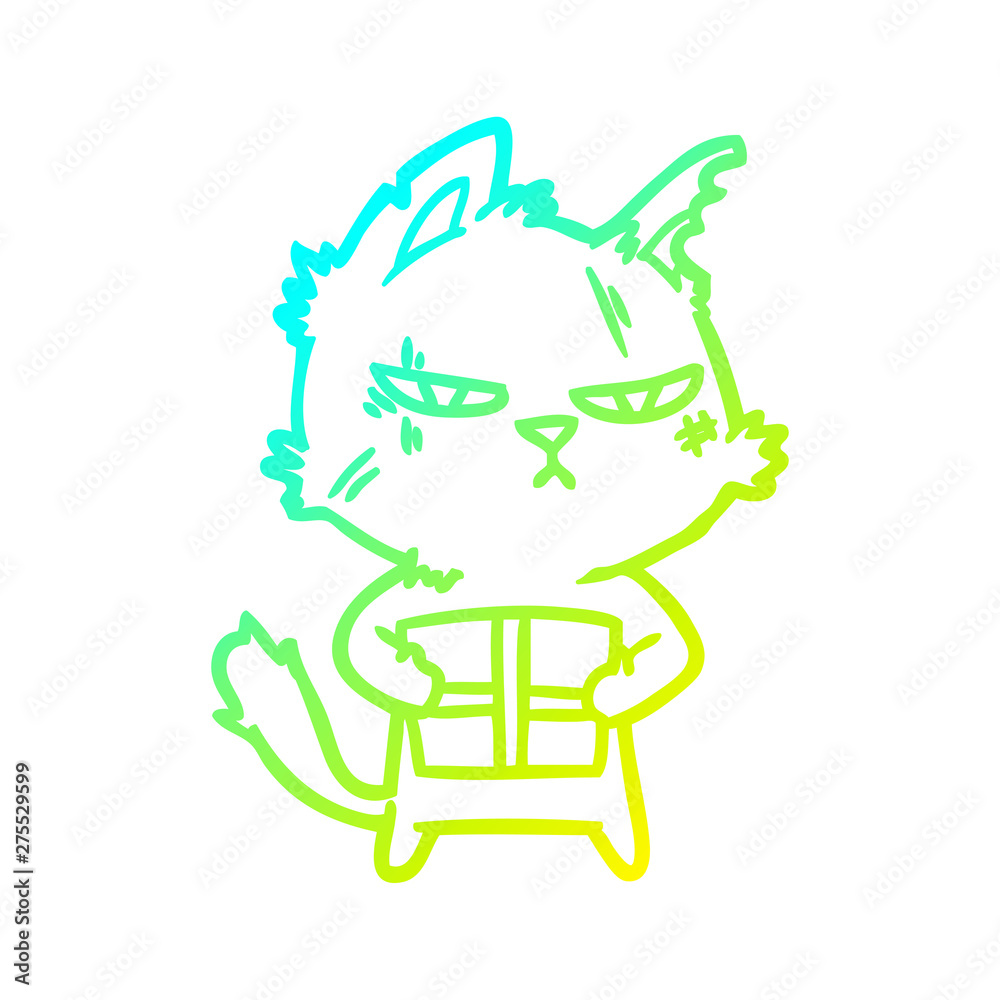 cold gradient line drawing tough cartoon cat with christmas present cold gradient line drawing tough cartoon cat with christmas present