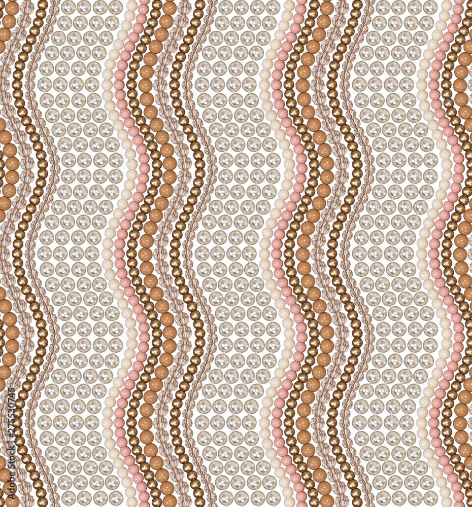 Seamless pattern of different beads. Pearl, glass, acrylic beads. Beads are arranged vertical wave. Panel of beads. Costume jewellery. Seamless pattern of different beads. Pearl, glass, acrylic beads. Beads are arranged vertical wave. Panel of beads. Costume jewellery.