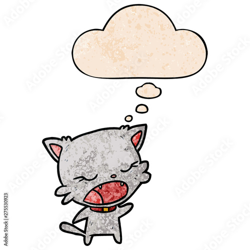 cartoon cat talking and thought bubble in grunge texture pattern style