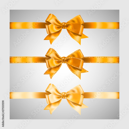Set of three realistic golden silk ribbon bow with gold glitter shiny stripes, vector illustration elements, for decoration, promotion, advetrisment, sale or celebration banner or card