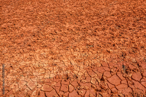 Cracked dry soil in Africa - global warming and greenhouse effect. Cracks in red soil at dry season.