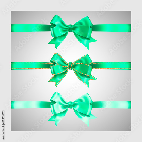 Set of three realistic light green silk ribbon bow with gold glitter shiny stripes, vector illustration elements, for decoration, promotion, advetrisment, sale or celebration banner or card