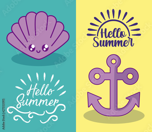summer label with anchor and seashell kawaii