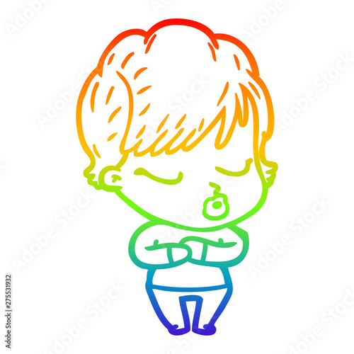 rainbow gradient line drawing cartoon woman with eyes shut