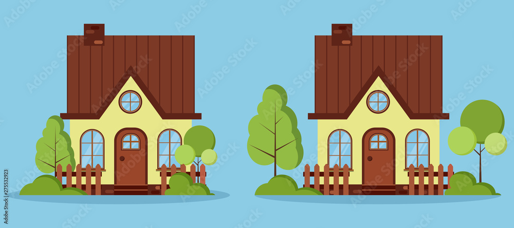 Set of isolated beautiful rural farm fabulous houses with attic, chimney, fences and summer spring trees in flat cartoon style. Vector illustration, detailed yellow house icon on blue background.