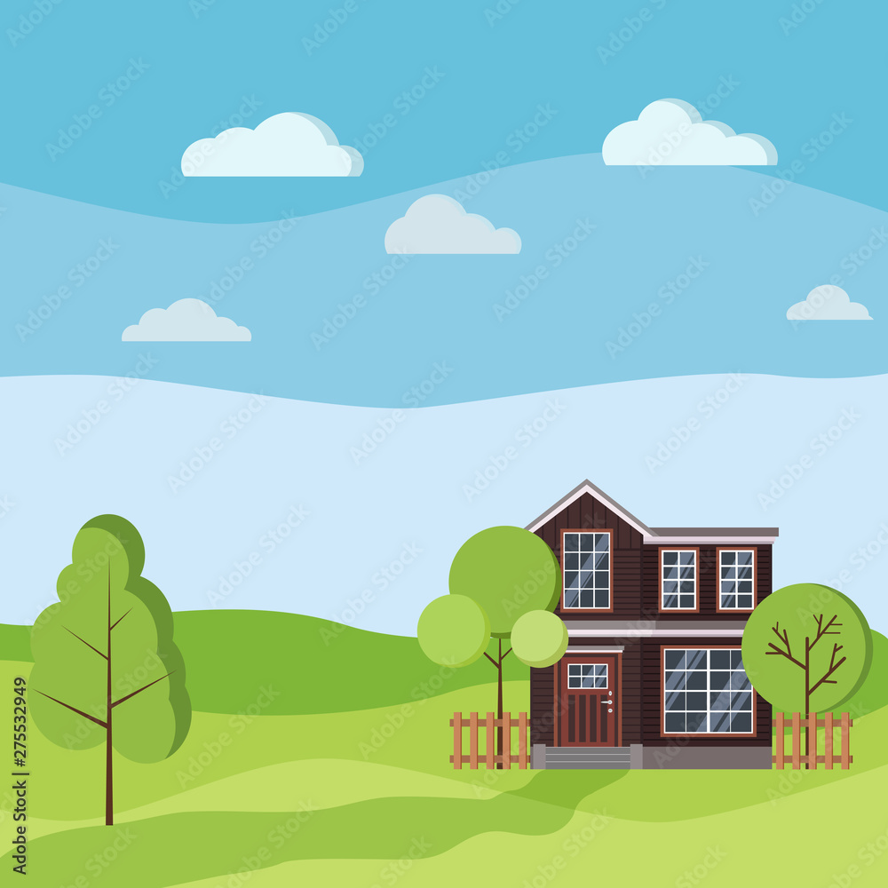 Summer or spring landscape with rural two storey house with wooden fences, green trees, grass, clouds, road in cartoon flat style. Vector landscape background illustration.