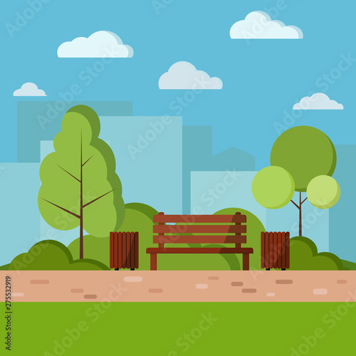Vector park day nature background illustration in cartoon flat style. Wooden bench, waste bin with tree and bushes, footpath, clouds in the park.