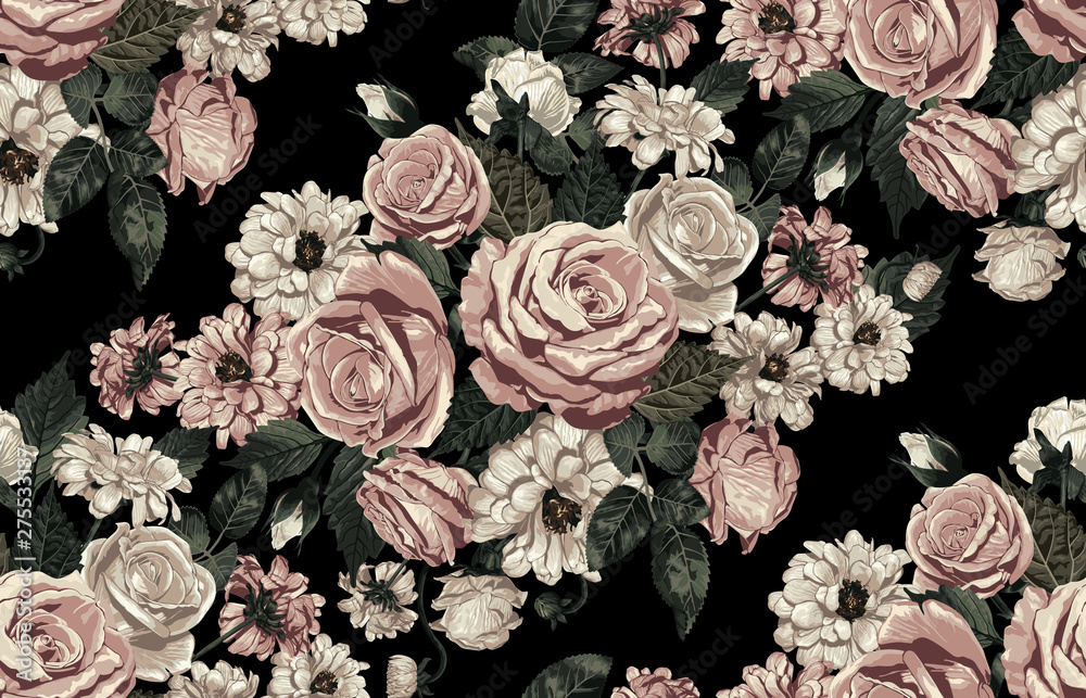 Fototapeta Elegant seamless pattern of blush toned rustic roses in black background great for textile print, background, handmade card design, invitations, wallpaper, packaging, interior or fashion designs.