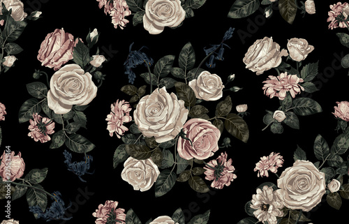 Elegant seamless pattern of blush toned rustic roses in black background great for textile print, background, handmade card design, invitations, wallpaper, packaging, interior or fashion designs.