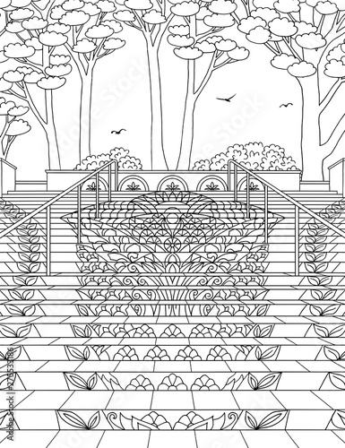 Hand drawn ink illustration of the mosaic staircase in Lincoln Park, San Francisco