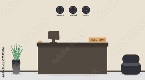 Empty reception desk in hotel or bank, receptionist workplace. Waiting room, hall in business office, modern interior with furniture, armchair for customers.Vector illustration