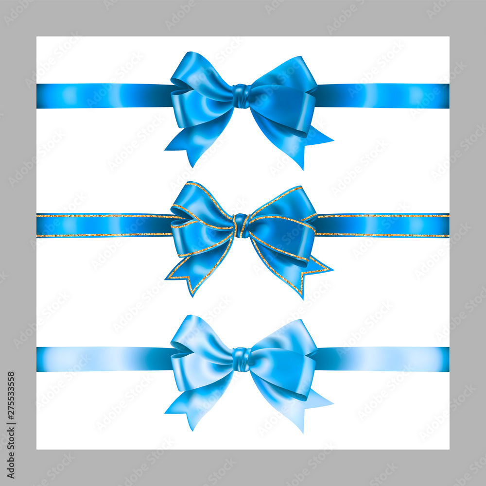 Set of three realistic blue silk ribbon bow with gold glitter shiny stripes, vector illustration elements isolated on white, for decoration, promotion, advetrisment,sale or celebration banner or card Set of three realistic blue silk ribbon bow with gold glitter shiny stripes, vector illustration elements isolated on white, for decoration, promotion, advetrisment,sale or celebration banner or card