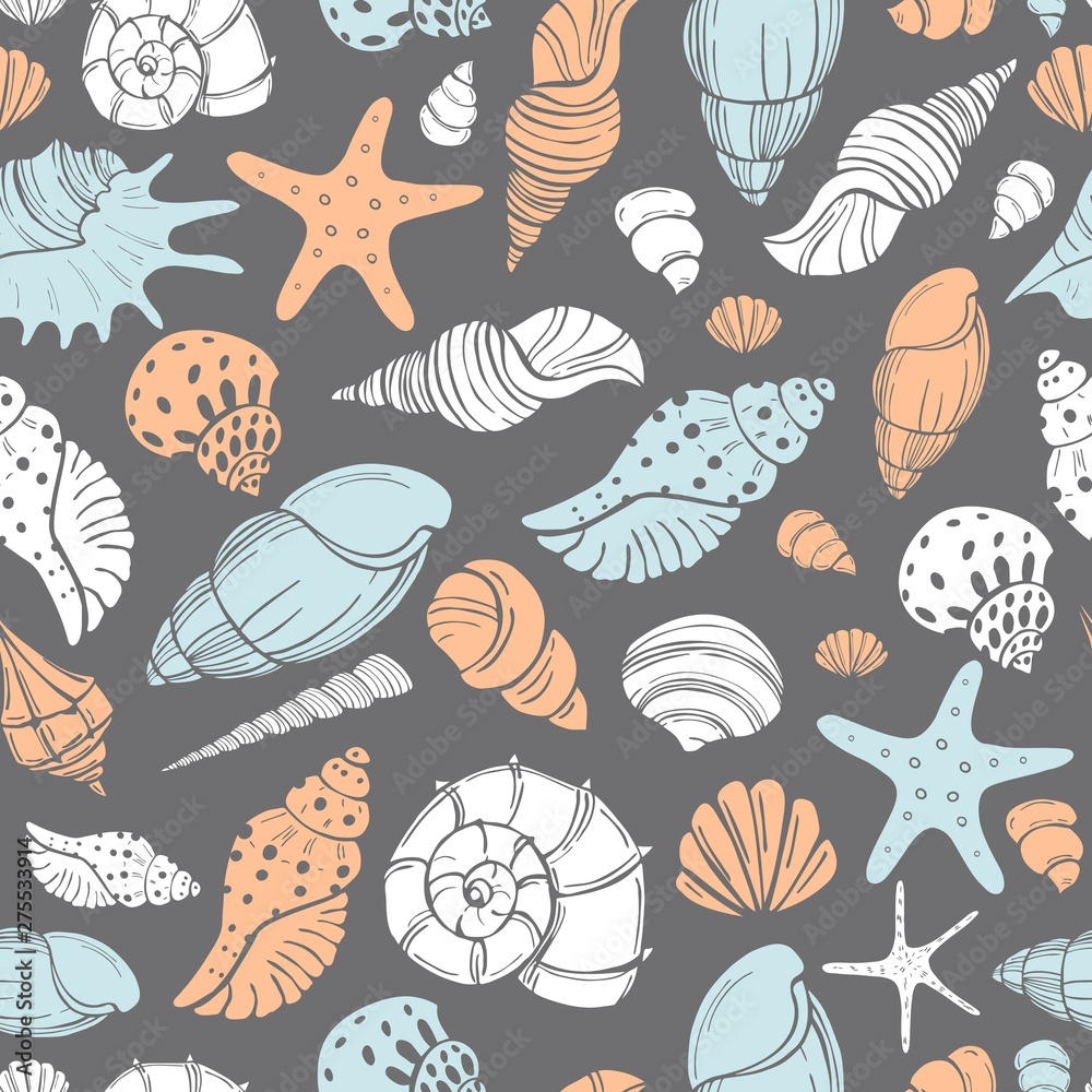 Starfish and seashells. Vector  seamless pattern.