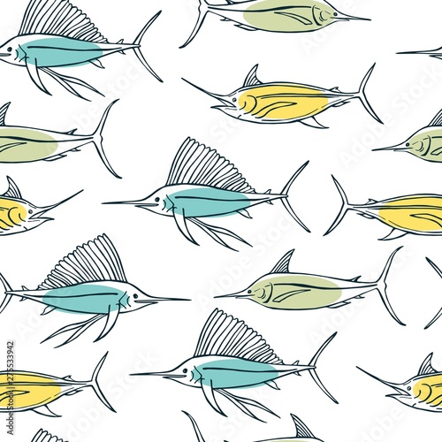 Hand drawn sea fish. Seamless vector pattern