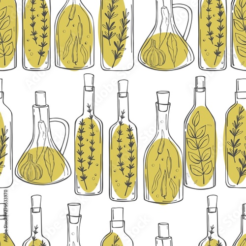 Hand drawn spicy oils with herbs and spices in different bottles. Seamless vector pattern