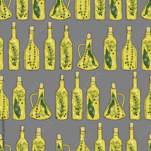 Hand drawn spicy oils with herbs and spices in different bottles. Seamless vector pattern