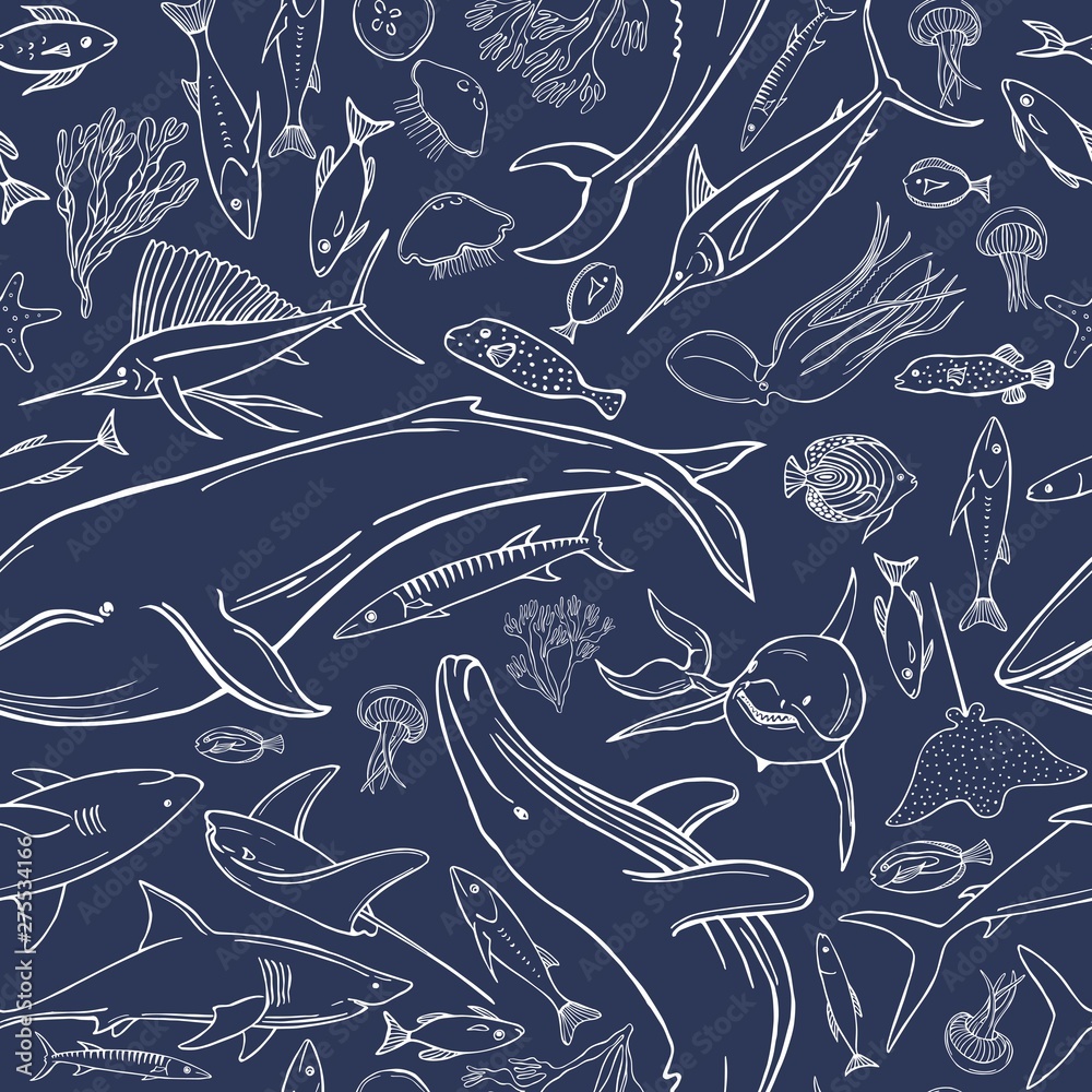 Fototapeta Hand drawn whales and fish. Vector  seamless pattern.