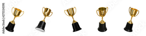 Konstfotografi Set of shiny gold trophy cups on white background. Banner design