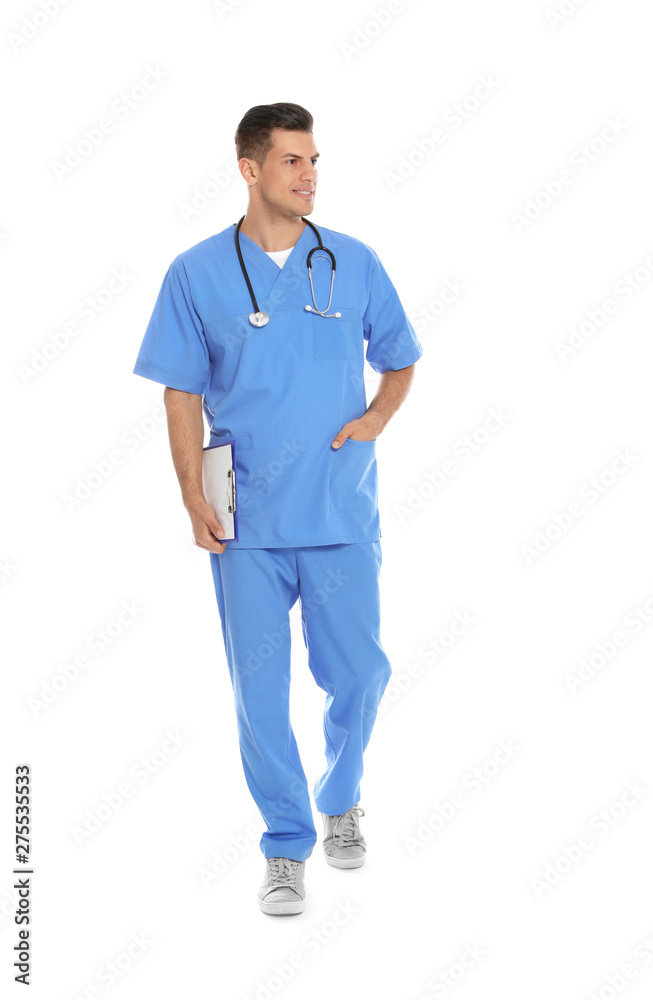 Full length portrait of medical doctor with clipboard and stethoscope isolated on white Full length portrait of medical doctor with clipboard and stethoscope isolated on white