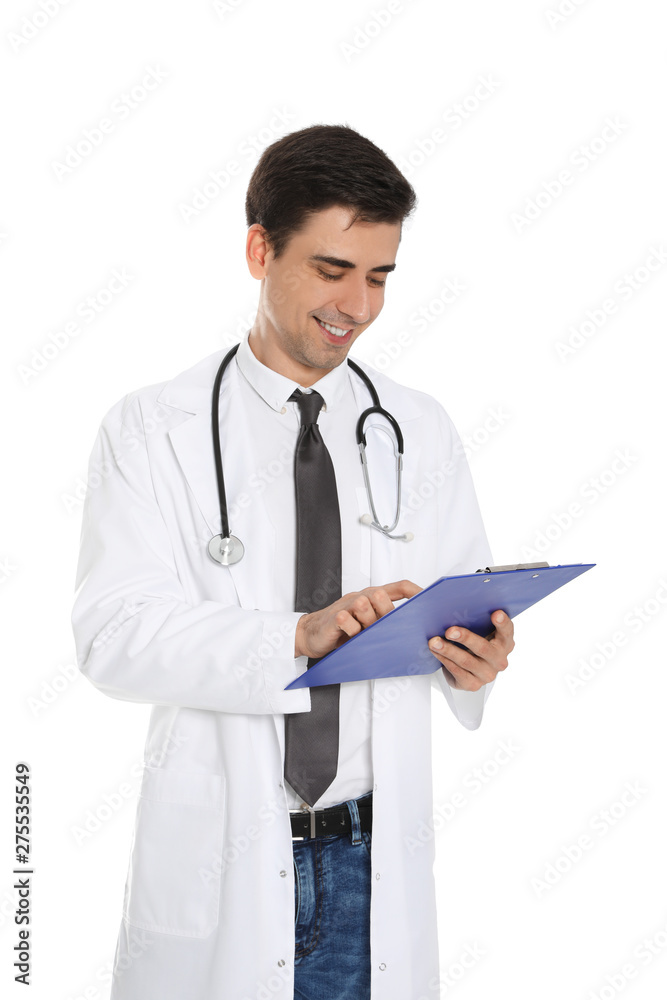 Portrait of medical doctor with clipboard and stethoscope isolated on white Portrait of medical doctor with clipboard and stethoscope isolated on white