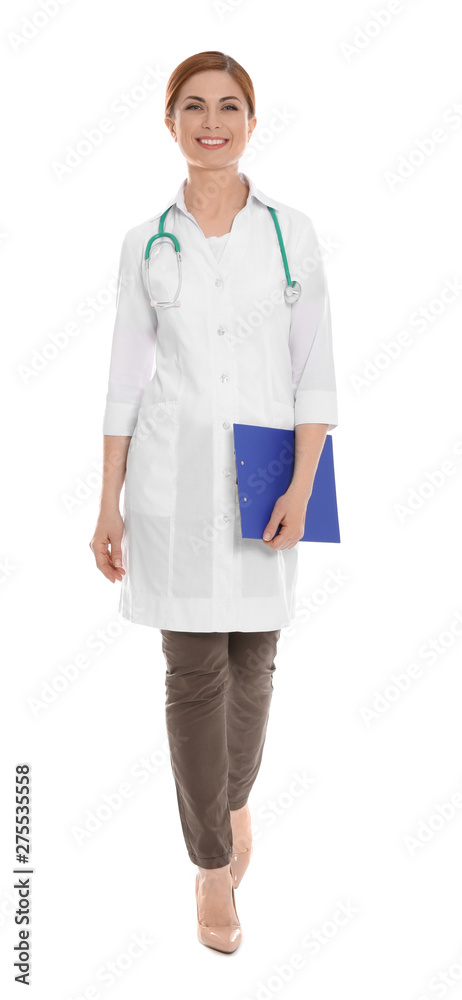 Full length portrait of medical doctor with clipboard and stethoscope isolated on white Full length portrait of medical doctor with clipboard and stethoscope isolated on white